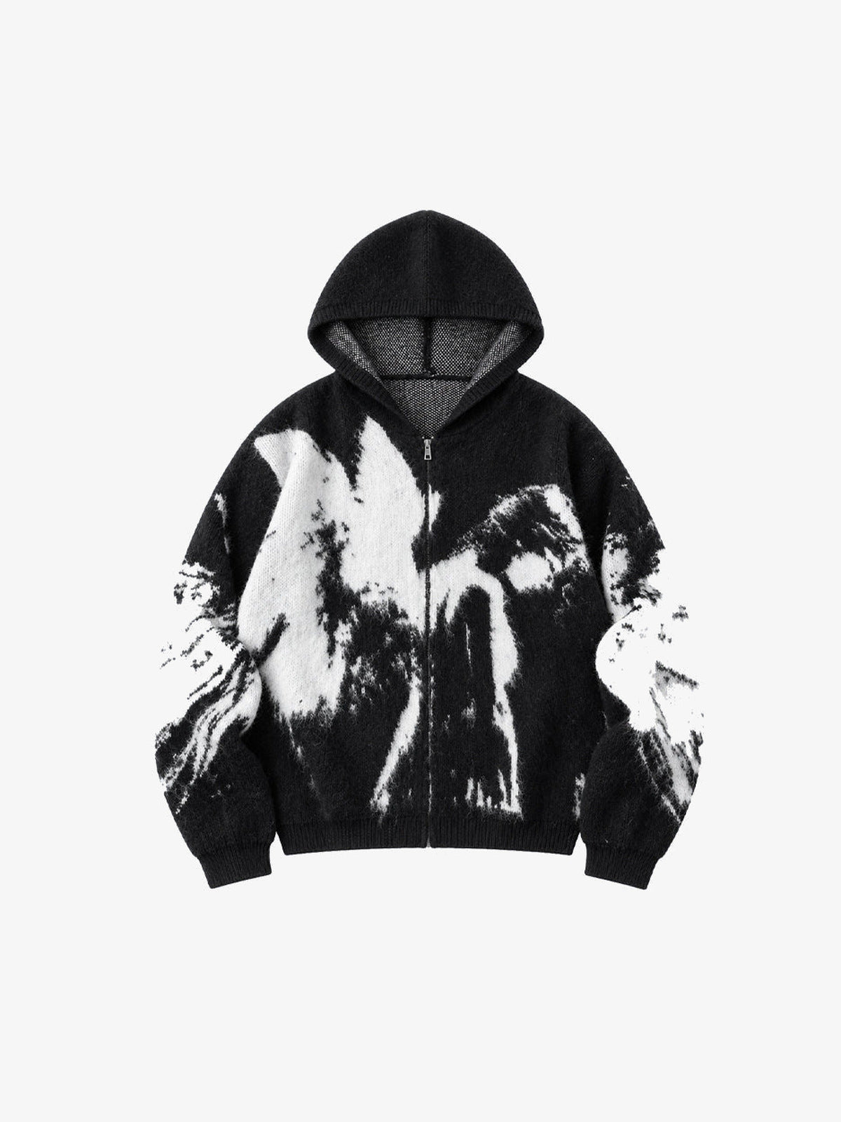 Schwarzer Fuzzy Knit Zip Hoodie mit Abstract Print – Schwarz, Vorderansicht | XoKool