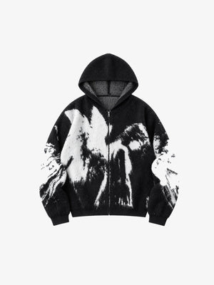 Schwarzer Fuzzy Knit Zip Hoodie mit Abstract Print – Schwarz, Vorderansicht | XoKool