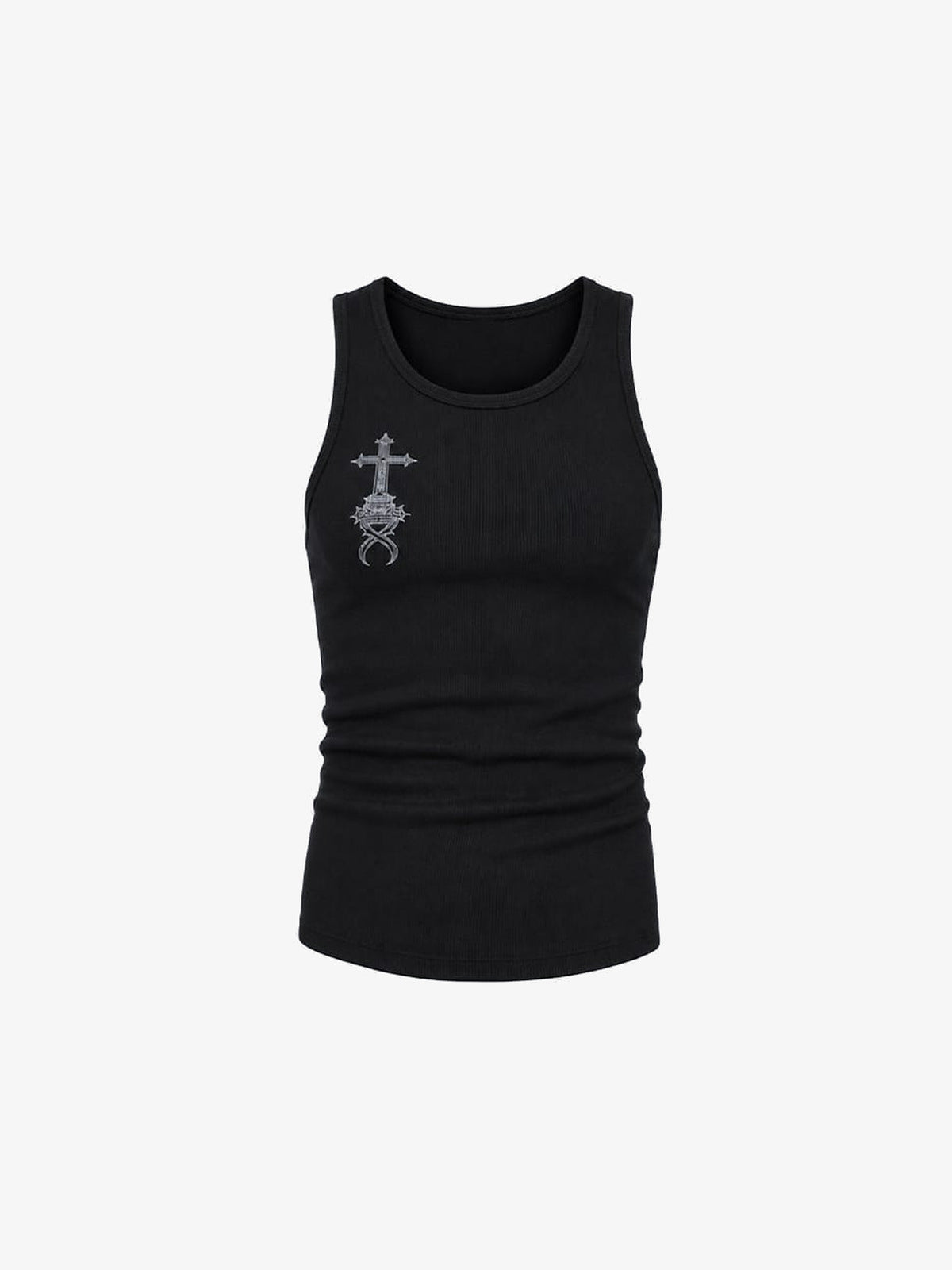 Schwarzes Gothic Kreuz Tanktop in Rippstrick – Schwarz, Vorderansicht flach | XoKool