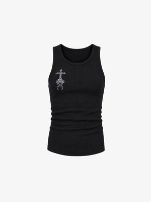 Black Gothic Cross Ribbed Tank Top – Black, front flat | XoKool
