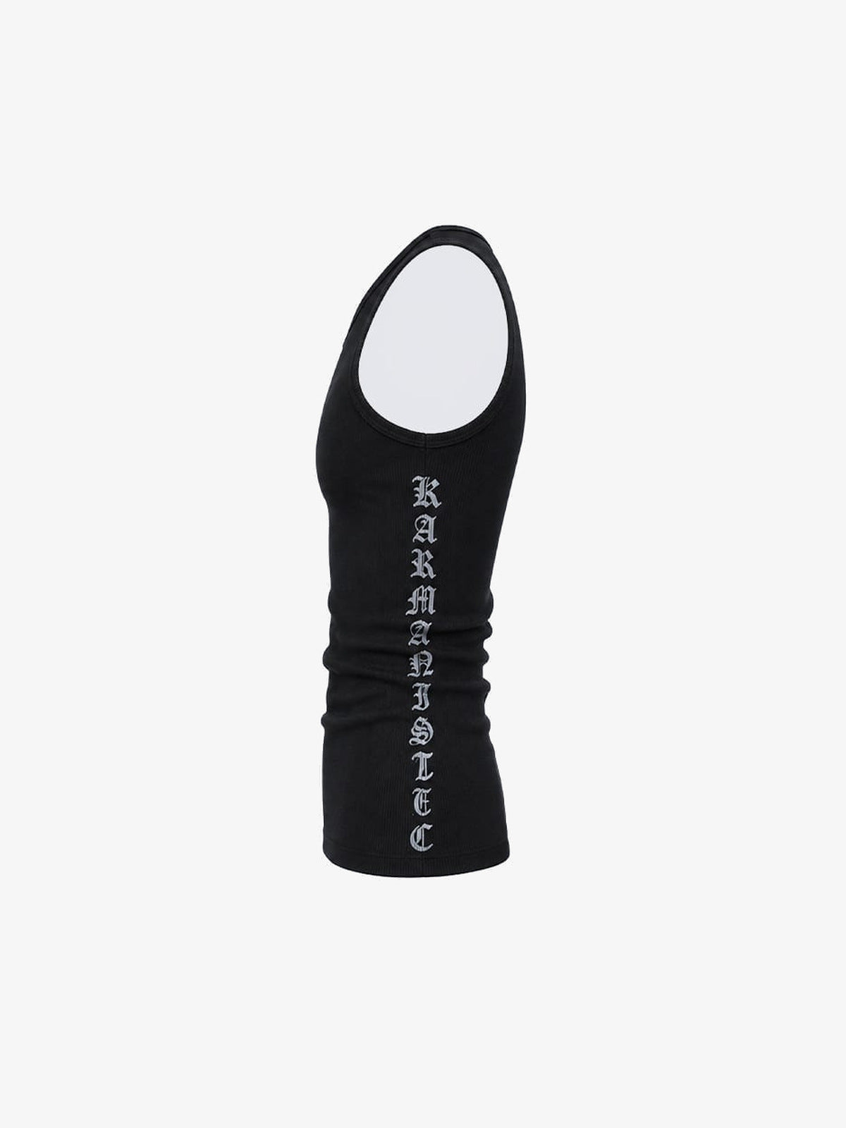 Black Gothic Cross Ribbed Tank Top – Black, side flat with lettering | XoKool