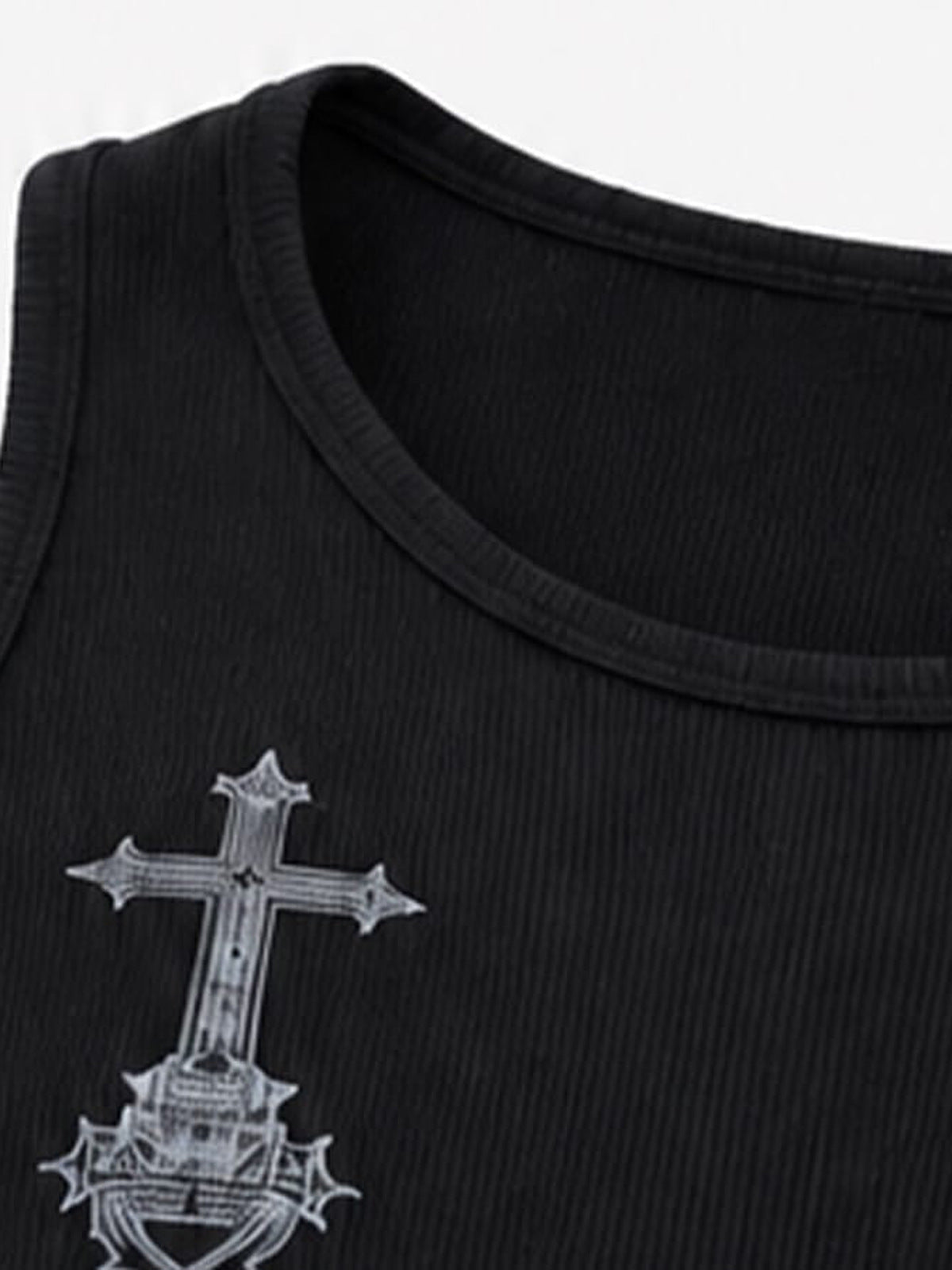 Gothic cross tank top – neckline and cross close-up | XoKool