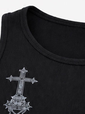 Gothic cross tank top – neckline and cross close-up | XoKool