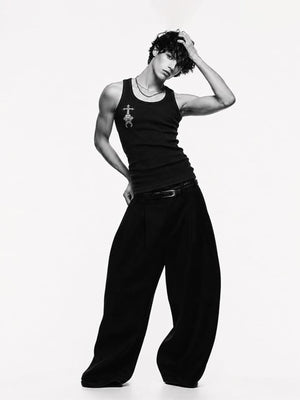 Black Gothic Cross Ribbed Tank Top – on model, front | XoKool