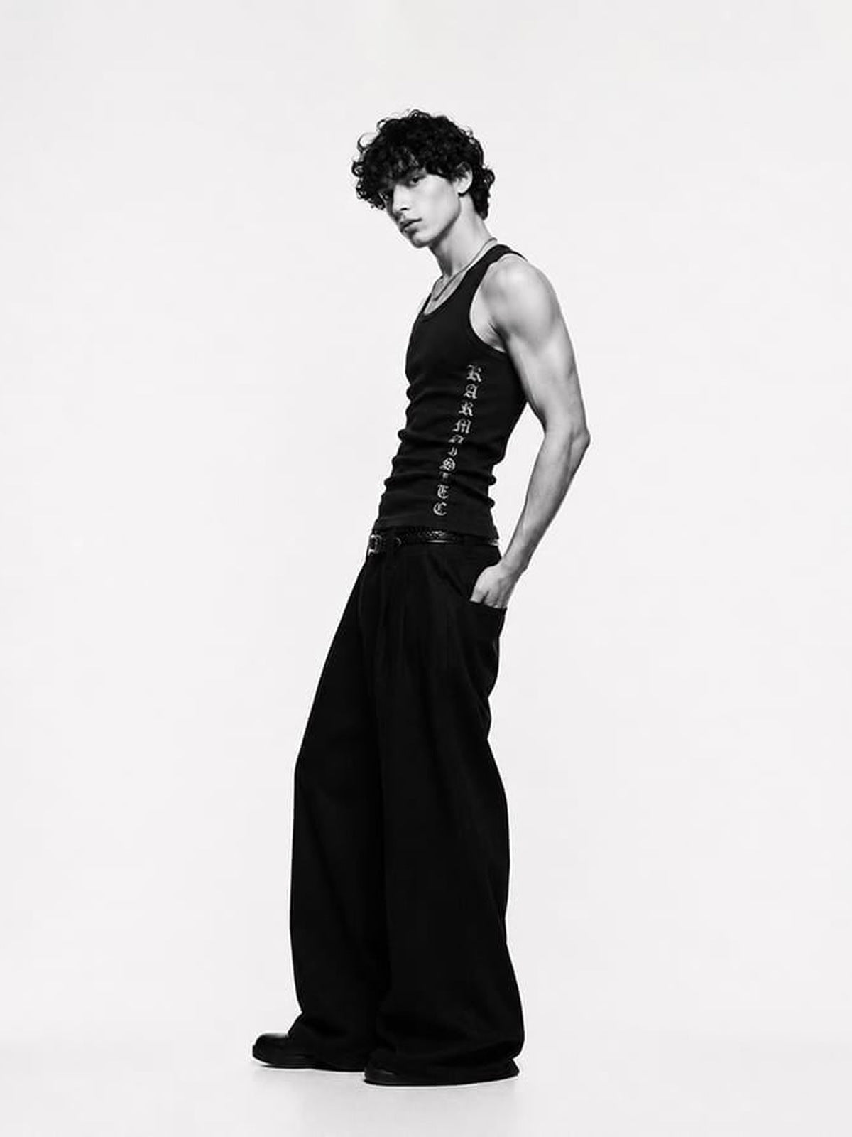 Black Gothic Cross Ribbed Tank Top – on model, side | XoKool