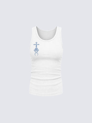 Gothic cross tank top – White, front flat | XoKool