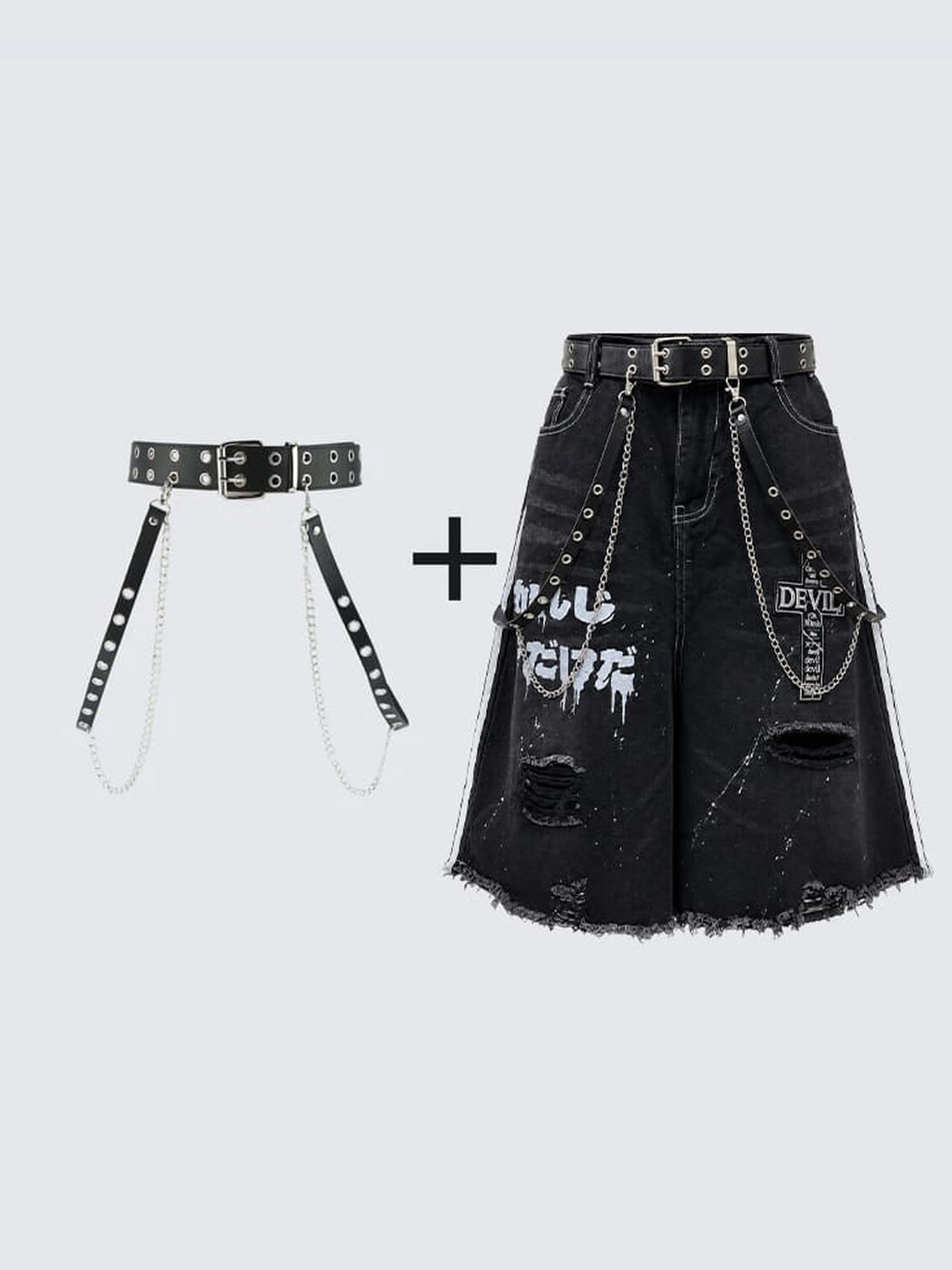 Jorts góticos gráficos – cinturón de cadena y shorts | XoKool
