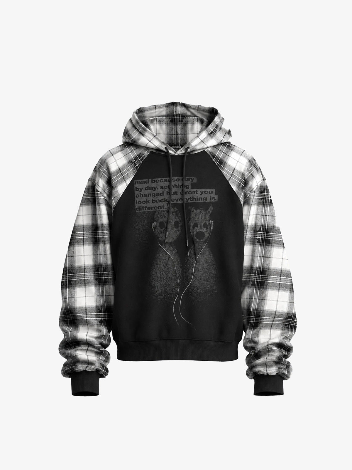 Schwarzer Graphic Hoodie mit Karo-Ärmeln und Karo-Kapuze – Schwarz kariert, Vorderansicht | XoKool