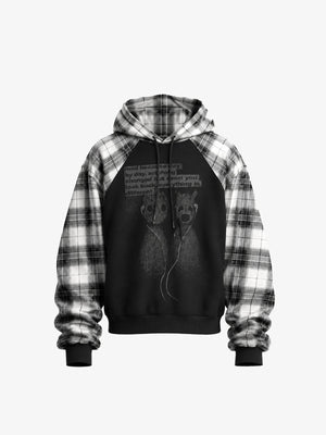 Schwarzer Graphic Hoodie mit Karo-Ärmeln und Karo-Kapuze – Schwarz kariert, Vorderansicht | XoKool