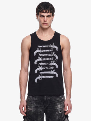 Black Graphic Tank Top with Sketch Print – on model, front | XoKool