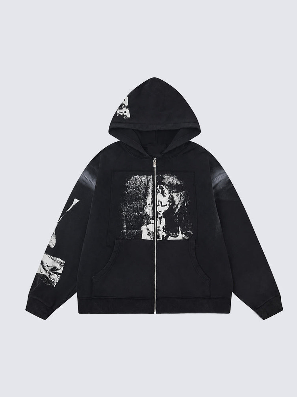 Black Graphic Zip Up Hoodie with Cross Back Print – Black, front flat | XoKool