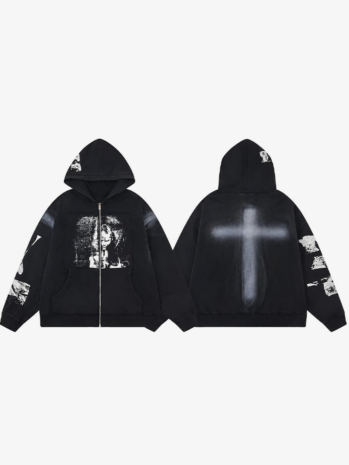 Cross print zip up hoodie – front and back side by side | XoKool