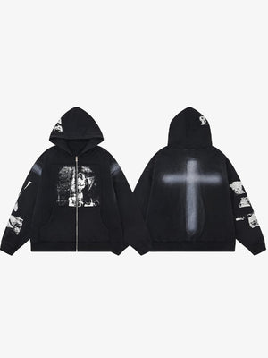Cross print zip up hoodie – front and back side by side | XoKool