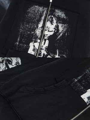 Black Graphic Zip Up Hoodie with Cross Back Print – front photo print and pocket close-up | XoKool