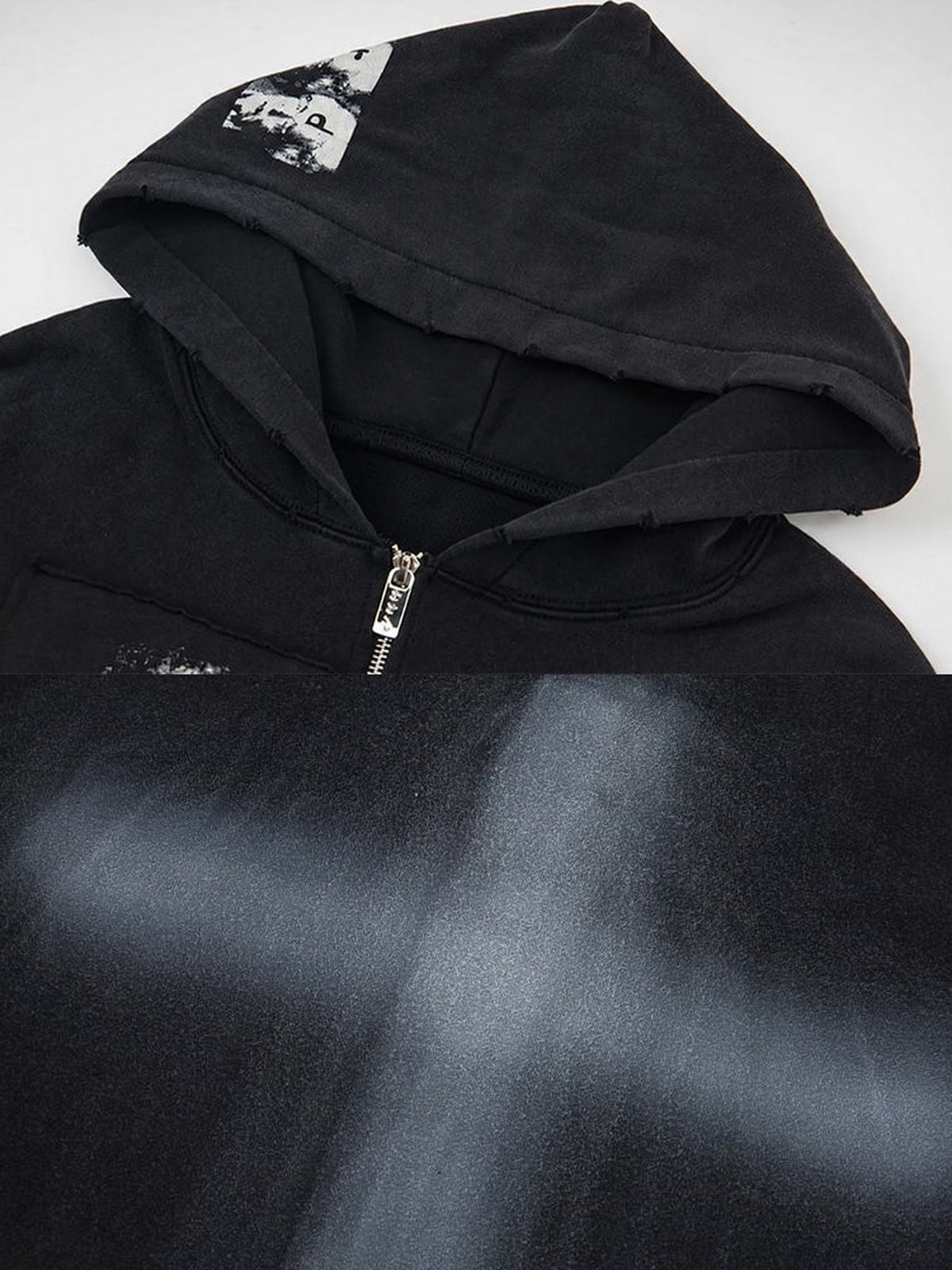 Black Graphic Zip Up Hoodie with Cross Back Print – hood print and back cross close-up | XoKool