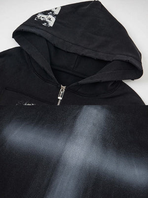 Black Graphic Zip Up Hoodie with Cross Back Print – hood print and back cross close-up | XoKool