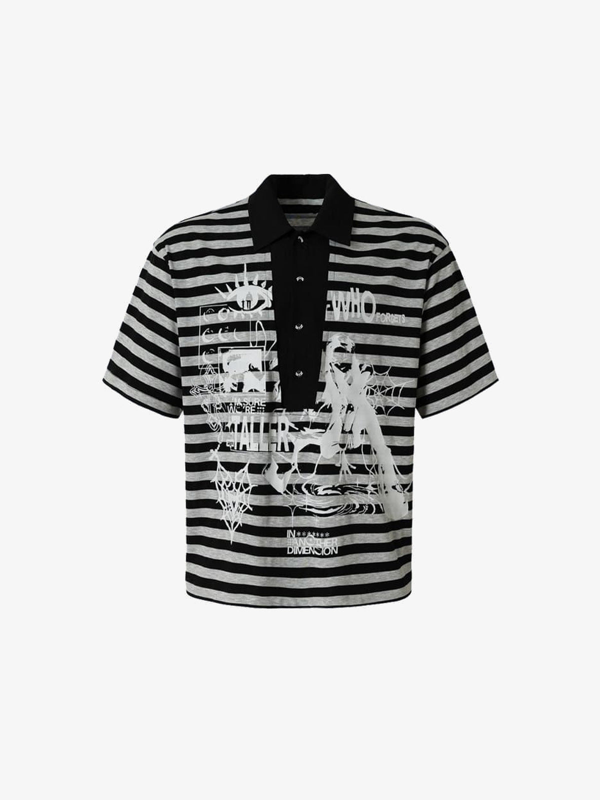 Gestreiftes Poloshirt in Schwarz-Grau mit Grunge-Print – Schwarz-Grau gestreift, Vorderseite flach | XoKool