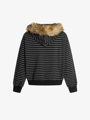 Gestreifter Hoodie mit Fellkapuze – Schwarz Grau gestreift, Rückansicht | XoKool
