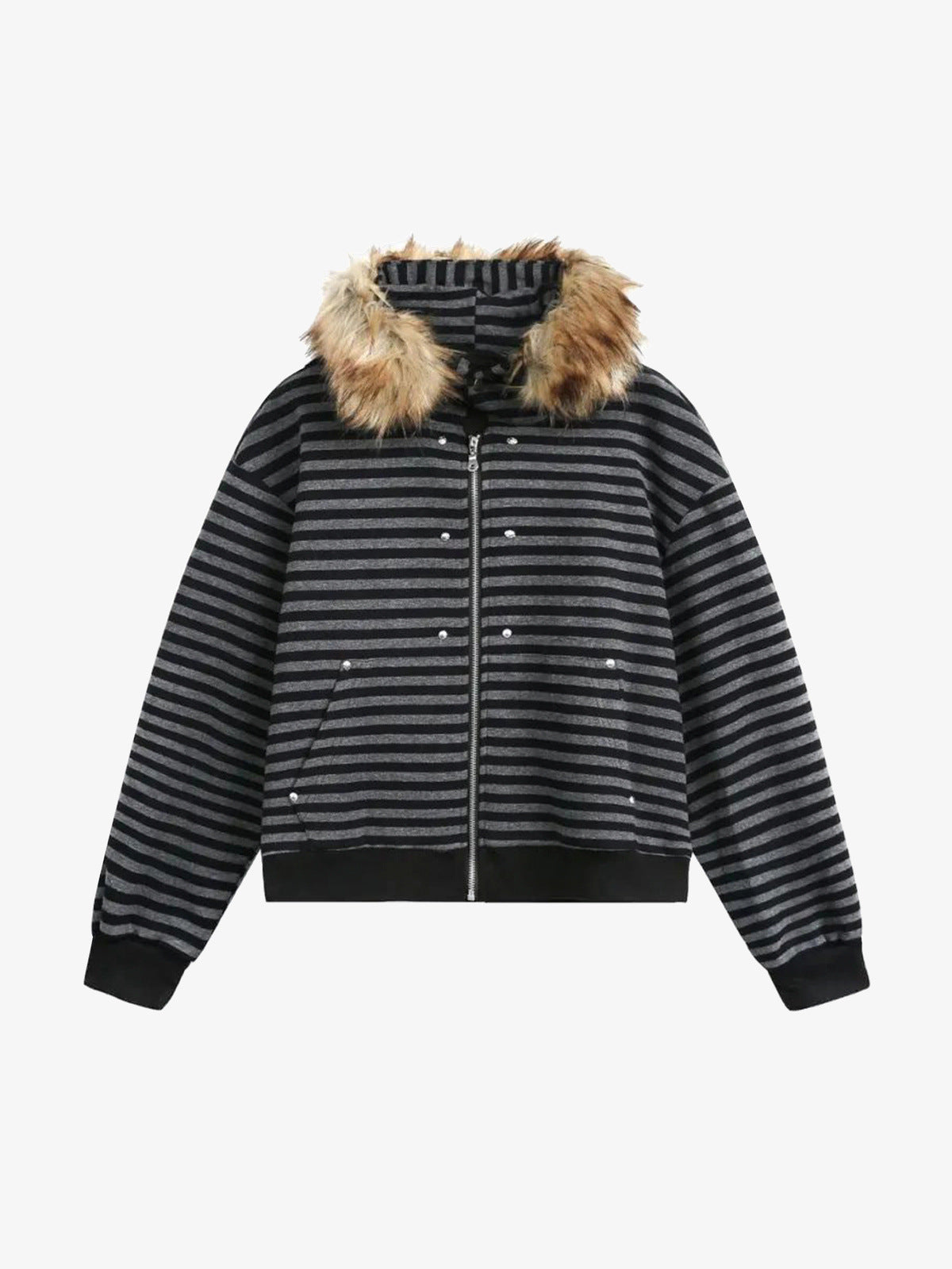 Schwarz-grau gestreifter Zip Hoodie mit Fellkapuze – Schwarz Grau gestreift, Vorderansicht | XoKool