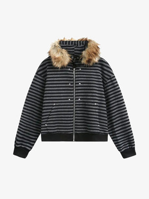 Schwarz-grau gestreifter Zip Hoodie mit Fellkapuze – Schwarz Grau gestreift, Vorderansicht | XoKool