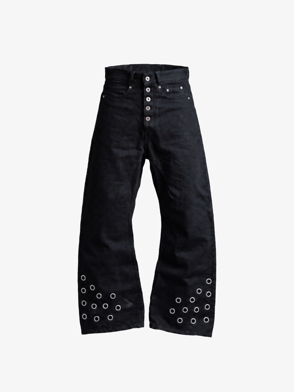 Black Grommet Jeans with Button Fly – front flat lay | XoKool