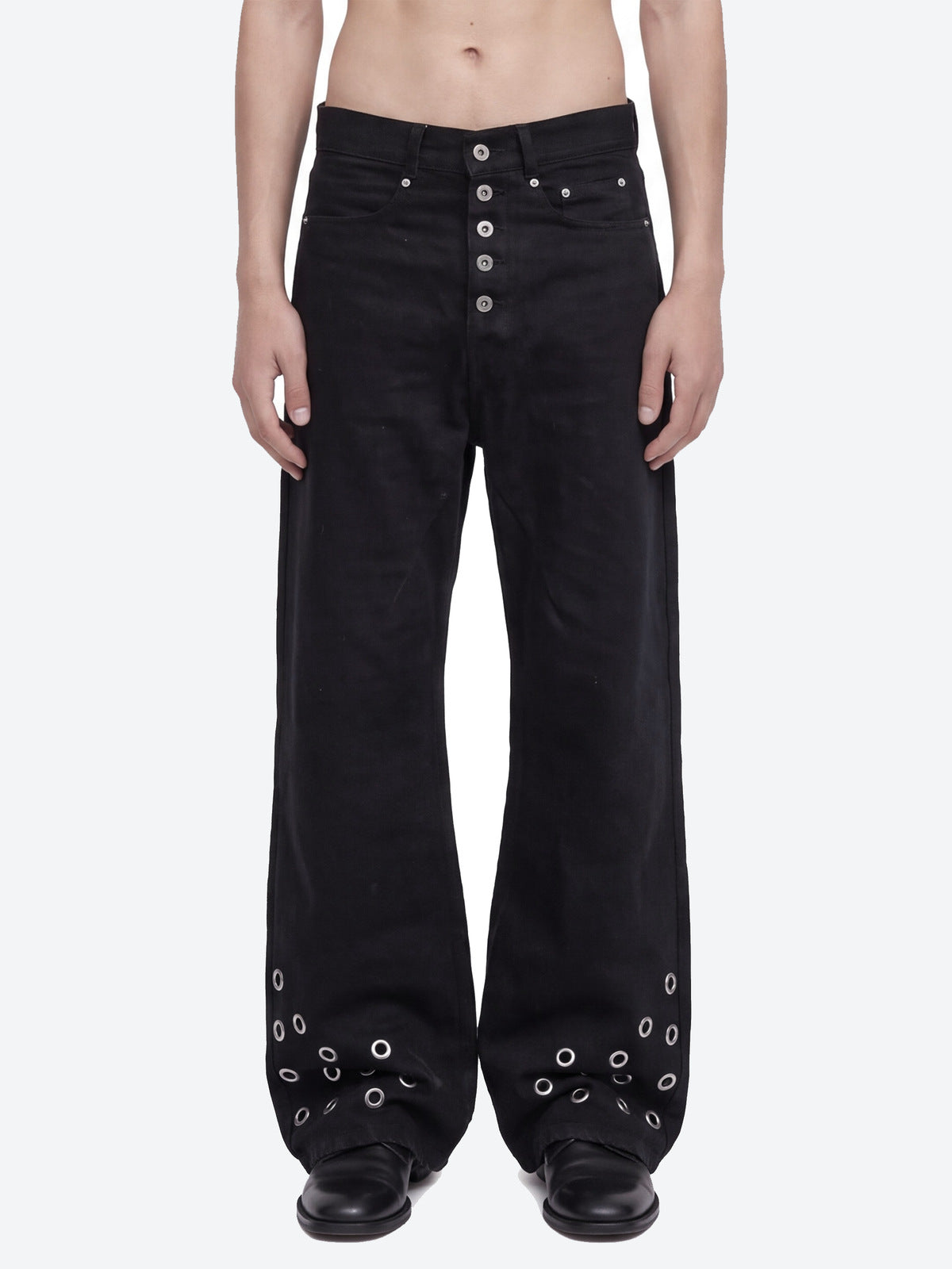 Black Grommet Jeans with Button Fly – on model, front close | XoKool