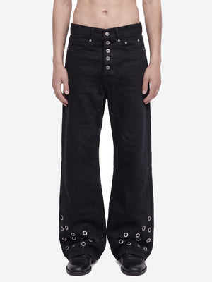Black Grommet Jeans with Button Fly – on model, front close | XoKool