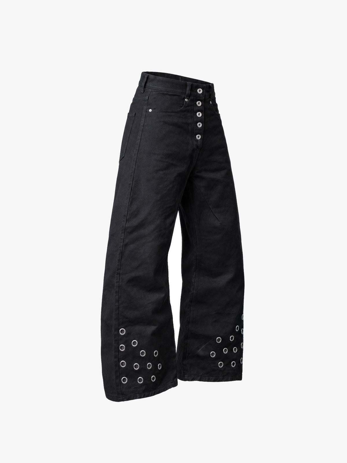 Black Grommet Jeans with Button Fly – side flat lay | XoKool