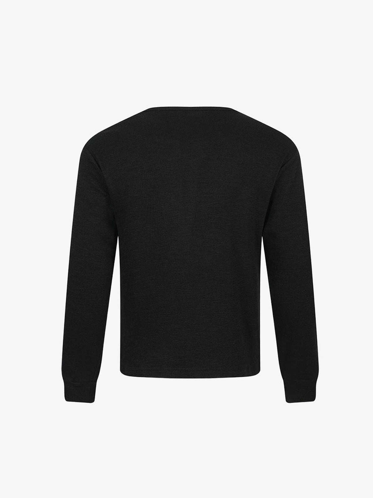 Black Henley Long Sleeve Shirt with Distressed USA Flag – back flat view | XoKool