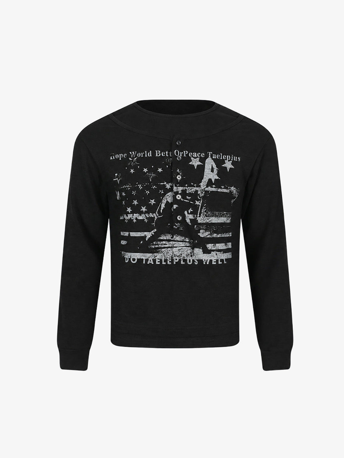 Black Henley Long Sleeve Shirt with Distressed USA Flag – Black, front flat view | XoKool