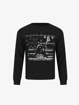 Black Henley Long Sleeve Shirt with Distressed USA Flag – Black, front flat view | XoKool