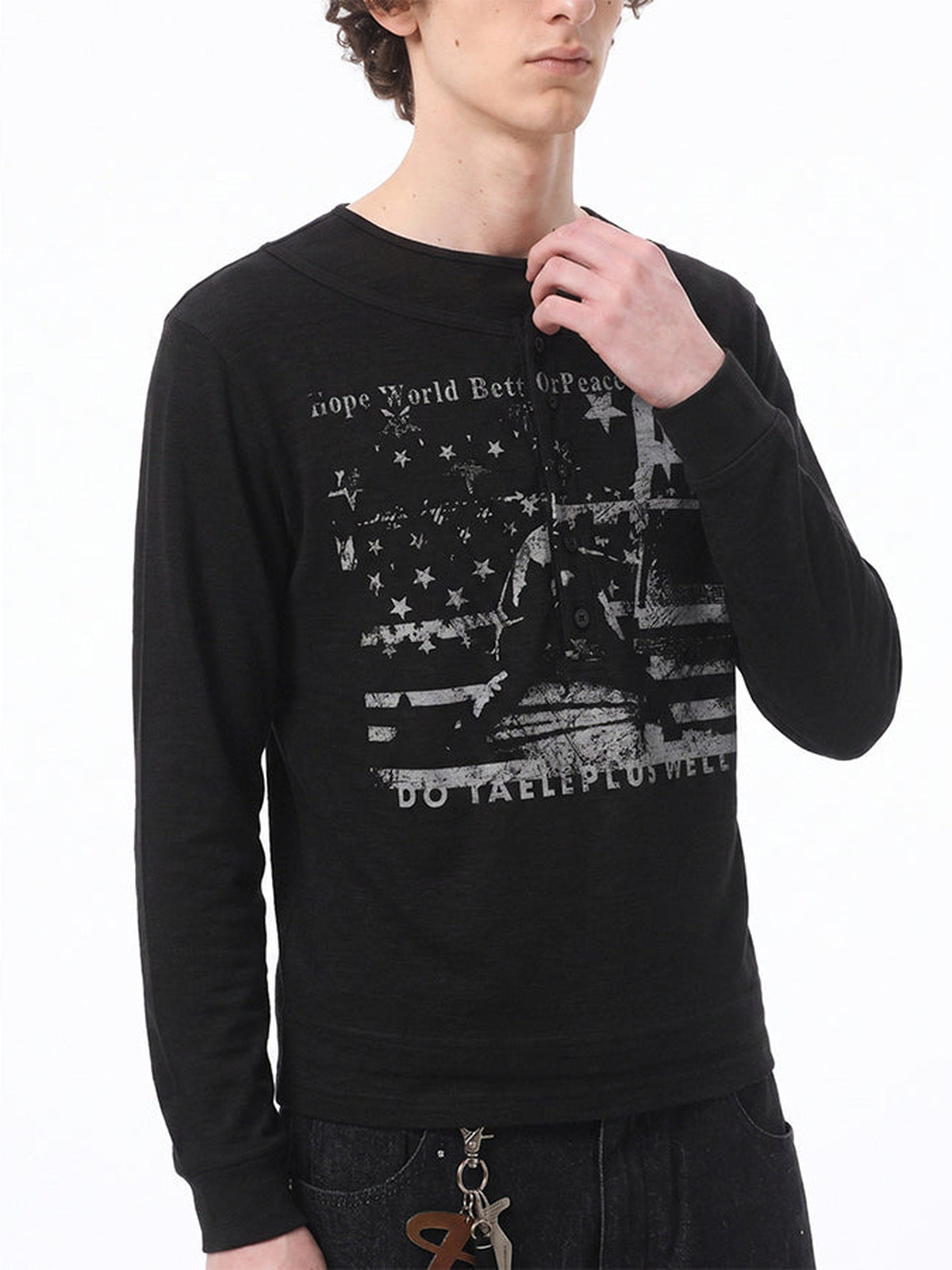 Black Henley Long Sleeve Shirt with Distressed USA Flag – on model, front | XoKool