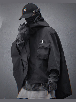Black Hooded Techwear Poncho with Cargo Pocket – on model, side front | XoKool