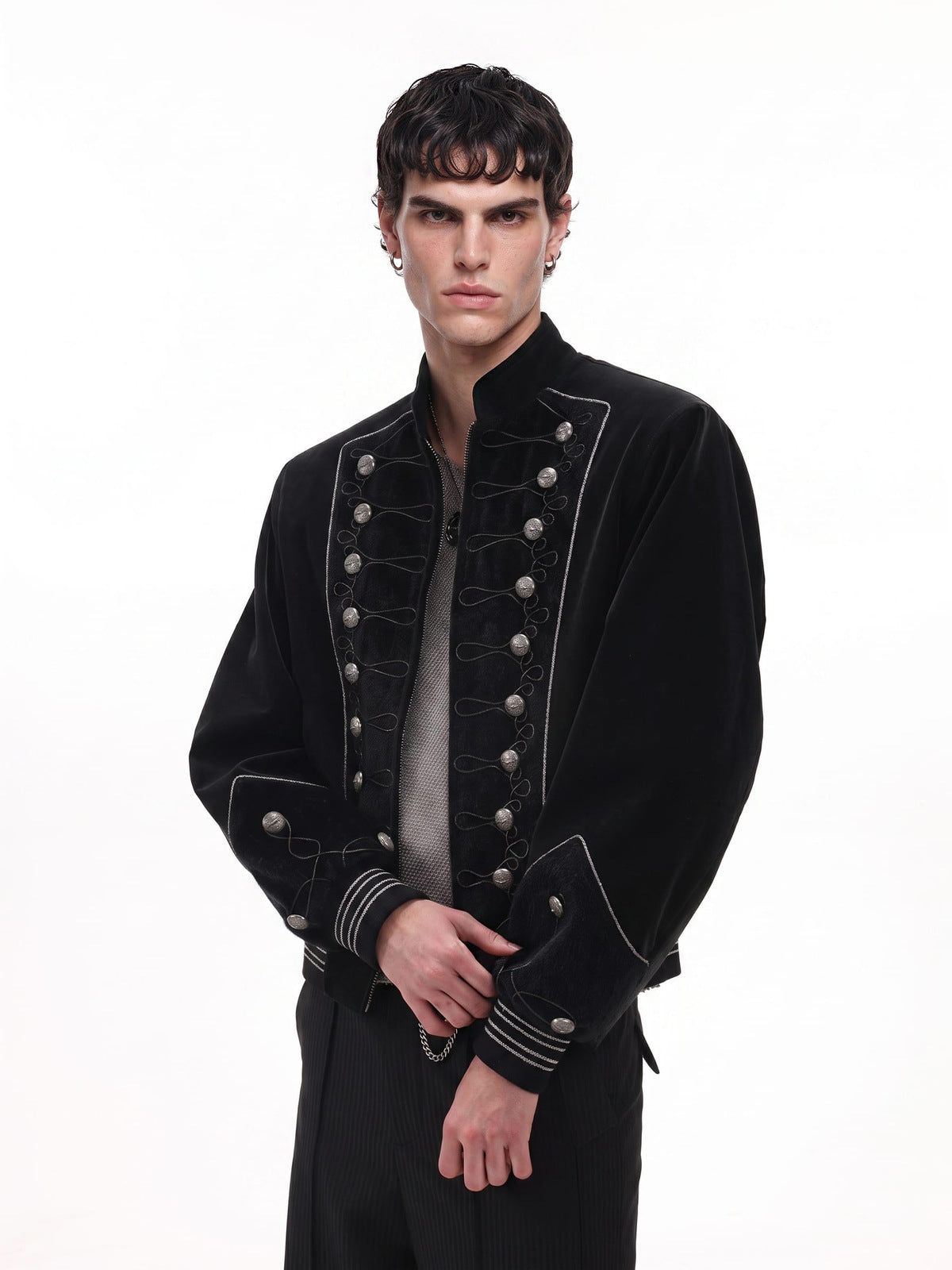 Black Hussar Jacket with Silver Braid Trim – on model, angled front | XoKool
