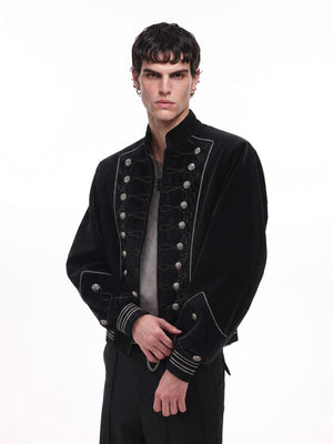 Black Hussar Jacket with Silver Braid Trim – on model, angled front | XoKool