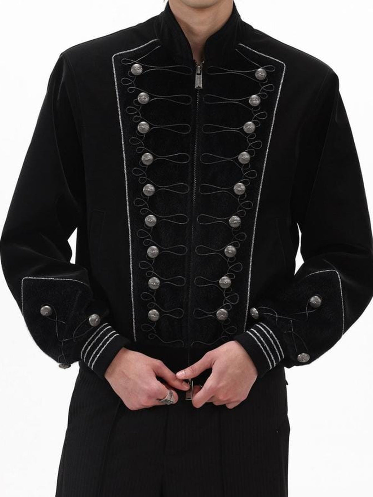 Black Hussar Jacket with Silver Braid Trim – on model, front close | XoKool