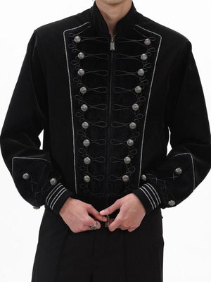 Black Hussar Jacket with Silver Braid Trim – on model, front close | XoKool