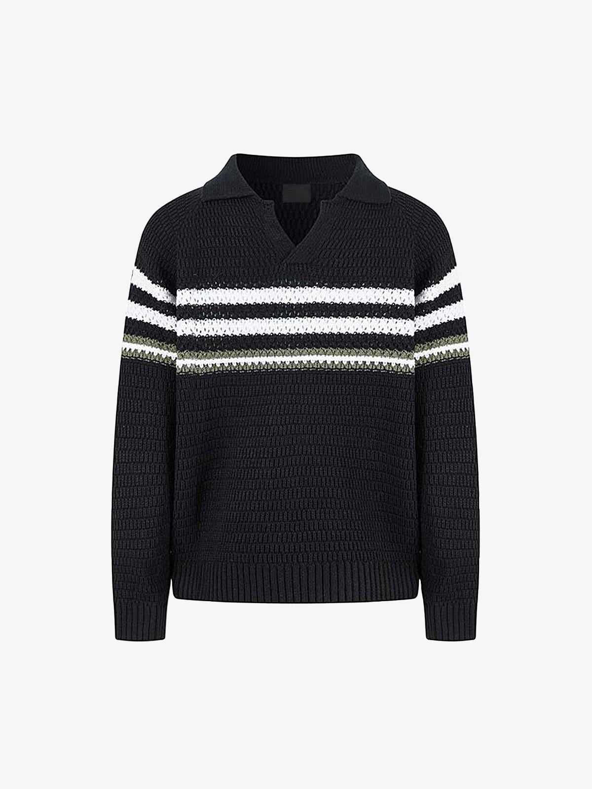 Black Knit Polo Sweater with Chest Stripes – Black, front view | XoKool