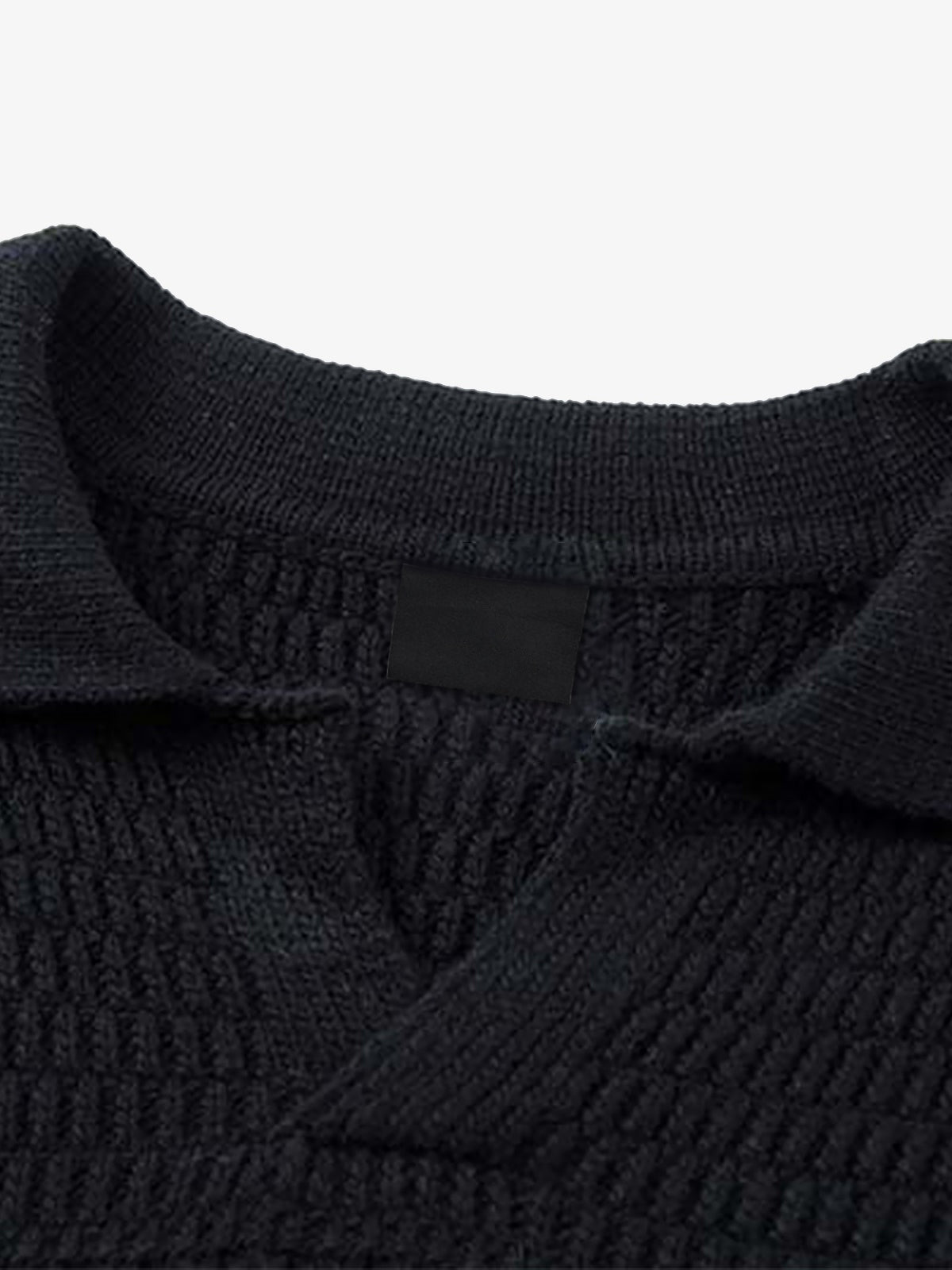 Black Knit Polo Sweater with Chest Stripes – Black, collar close-up | XoKool