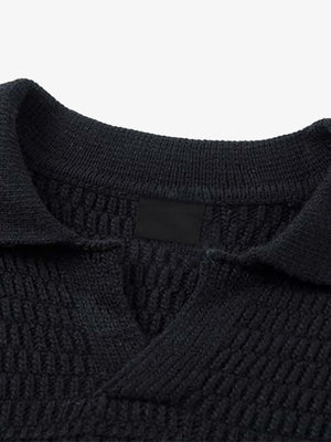 Black Knit Polo Sweater with Chest Stripes – Black, collar close-up | XoKool