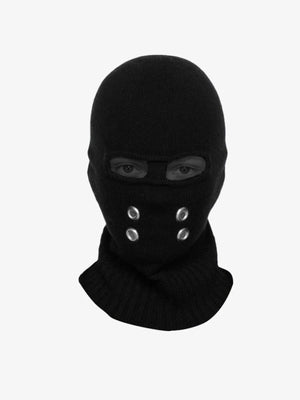 Black Knit Ski Mask with Metal Grommets – Black, front flat on form | XoKool