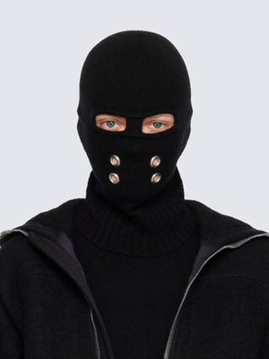 Black Knit Ski Mask with Metal Grommets – on model, front | XoKool