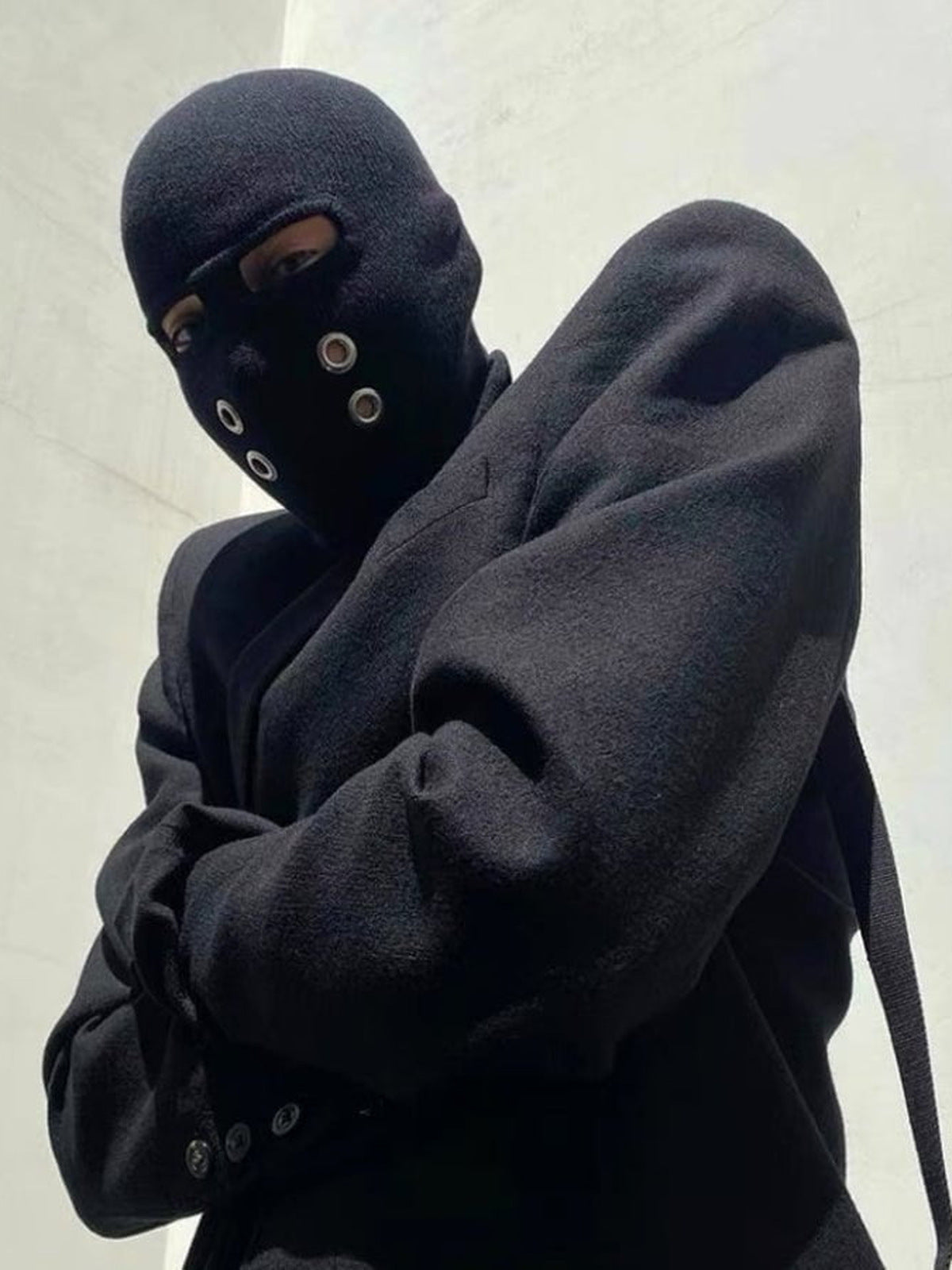 Black Knit Ski Mask with Metal Grommets – street photo | XoKool