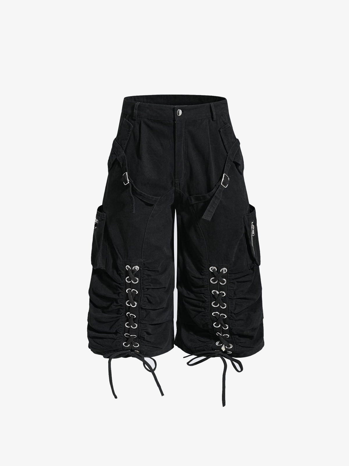 Schwarze Cargo-Capri-Shorts zum Schnüren mit Ösen – Schwarz, Vorderansicht flach | XoKool