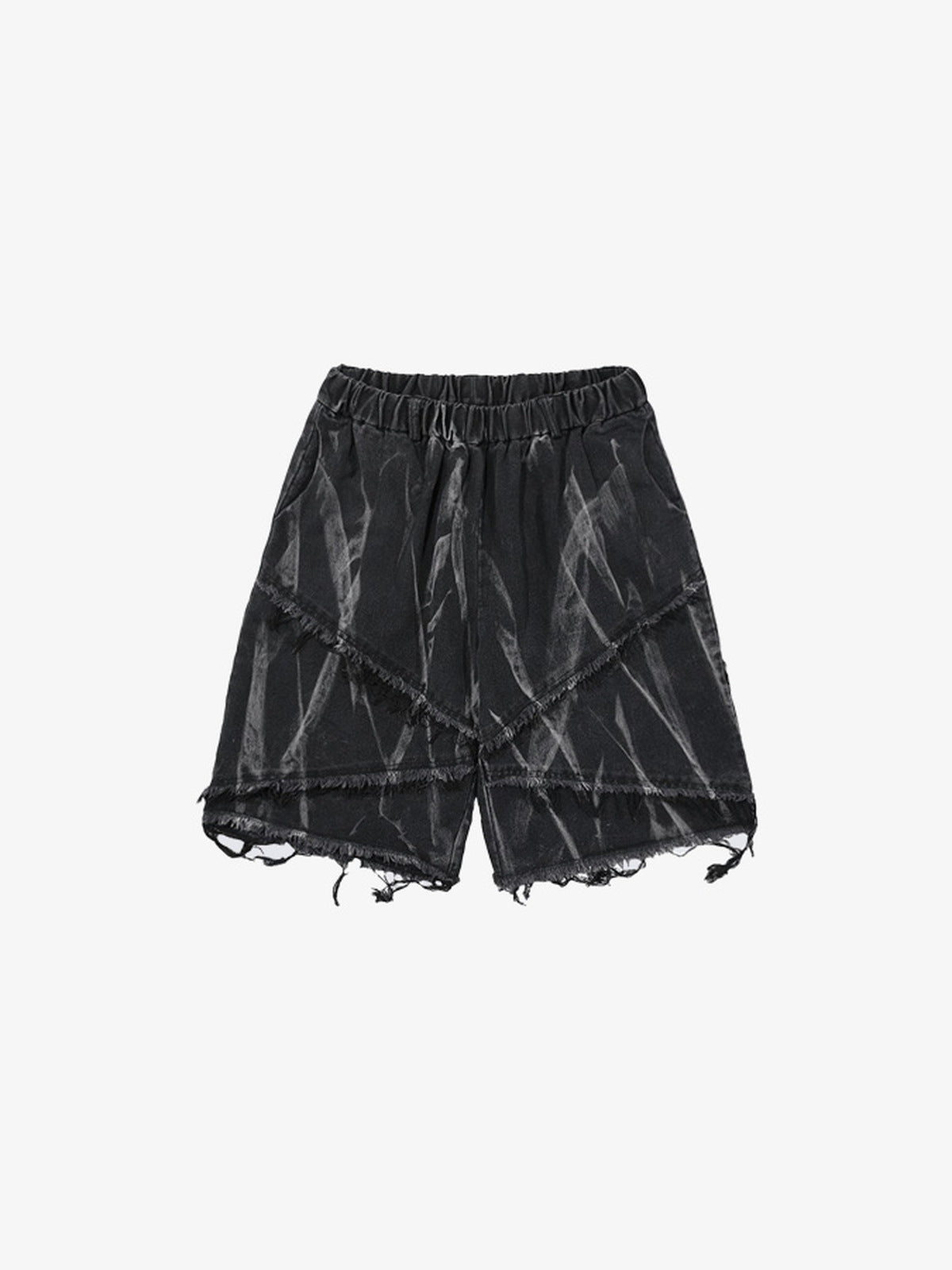 Schwarze Layered Jeansshorts mit abstraktem Streifen-Print – Schwarz, Vorderseite flach | XoKool