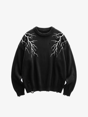 Black Lightning Bolt Distressed Sweater – Black, front view | XoKool