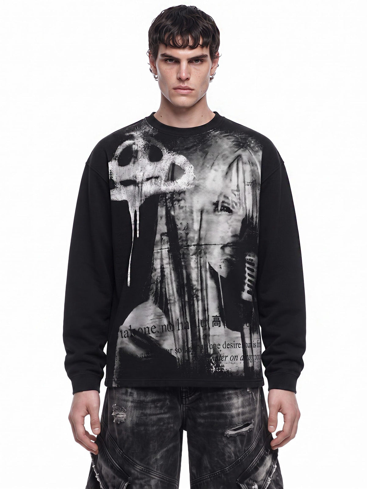 Black Long Sleeve Graphic Shirt with Paint Drip Print – on model front | XoKool