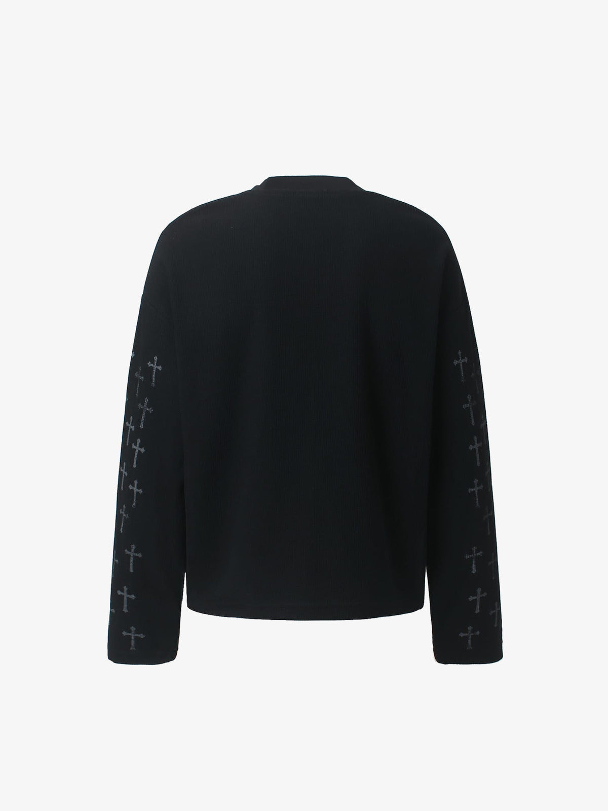 Schwarzes Longsleeve mit Spruch und Kreuz-Ärmeln – Rückseite flach | XoKool