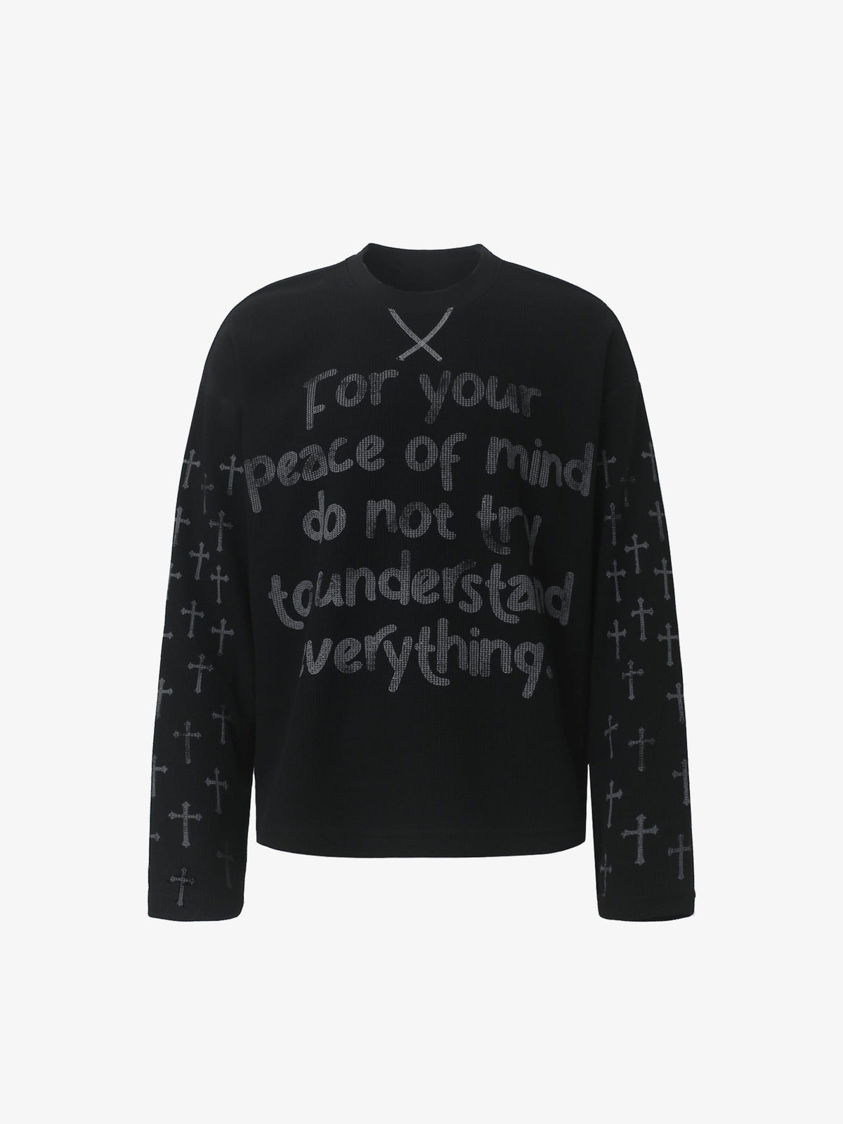 Schwarzes Longsleeve mit Spruch und Kreuz-Ärmeln – Schwarz, Vorderseite flach | XoKool