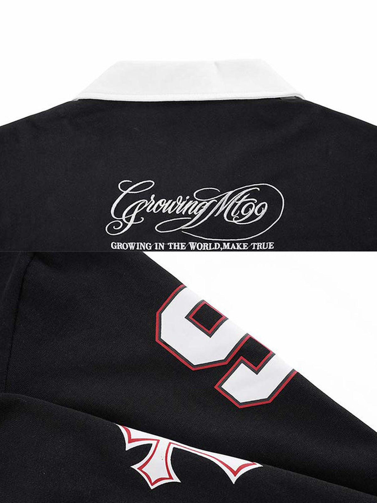 Rugby polo shirt – back script + sleeve number close-up | XoKool